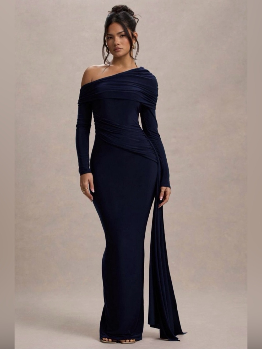 Club l london VALINA Navy RUCHED ASYMMETRIC MAXI DRESS WITH DRAPE size 6